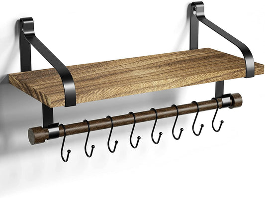 Rustic Floating Wall Shelf with Towel Bar & 8 Removable Hooks | Wooden Spice Rack & Mug Organizer for Kitchen | Carbonized Black Finish