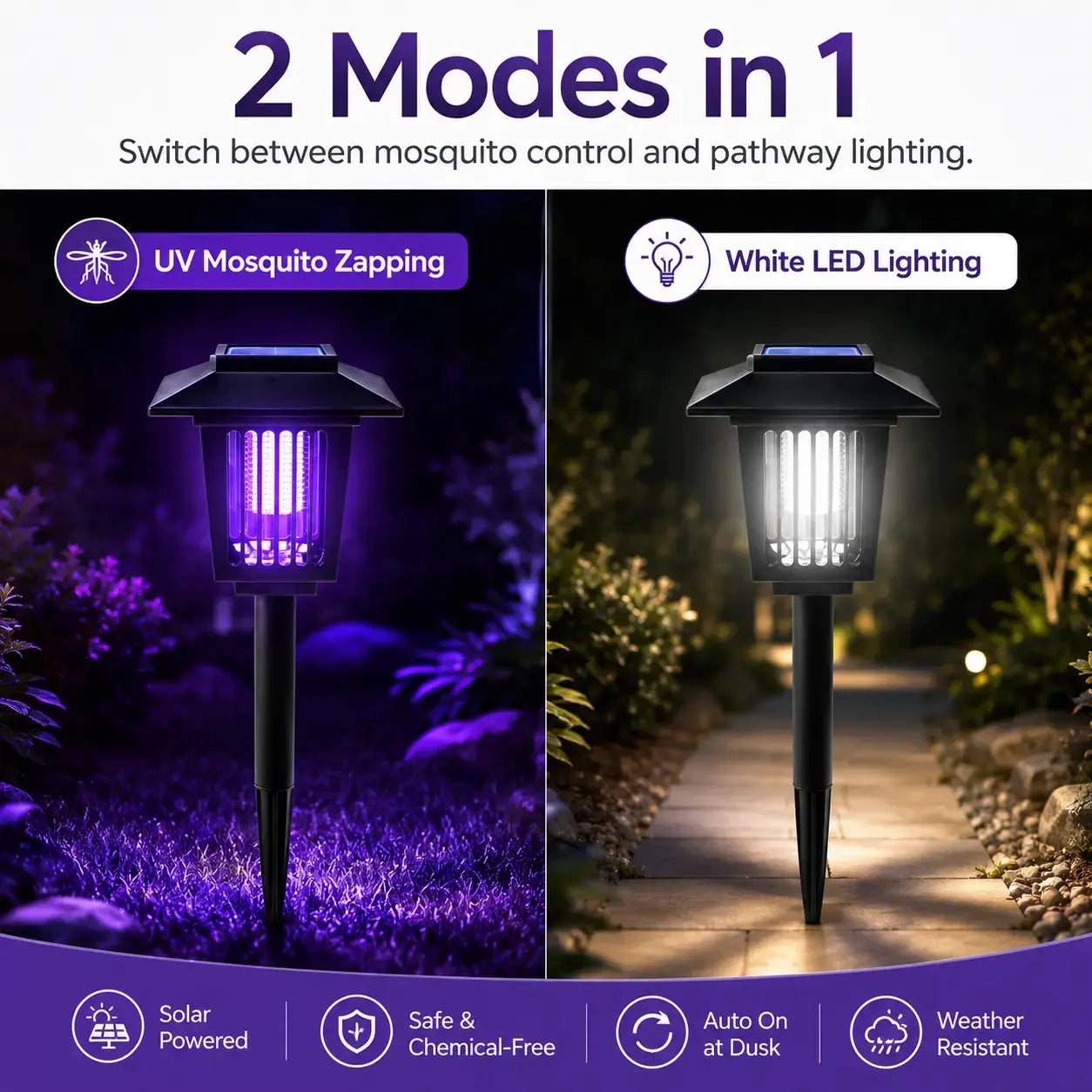 Solar Bug Zapper & Garden Light – UV Insect Killer, Dual Mode, Solar Powered, Weatherproof