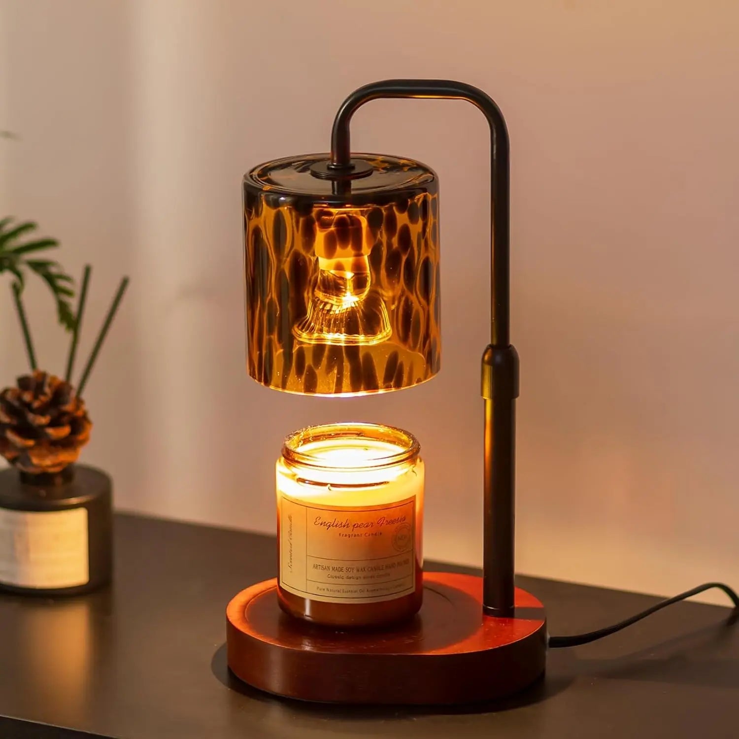 Tortoise Shell Wood Candle Warmer Lamp, Black Vintage Leopard Dimmable Lamp with 2 Bulbs, Height-Adjustable Timer, Decor Items for Living Room Room Accessories, Christmas Gift for Women