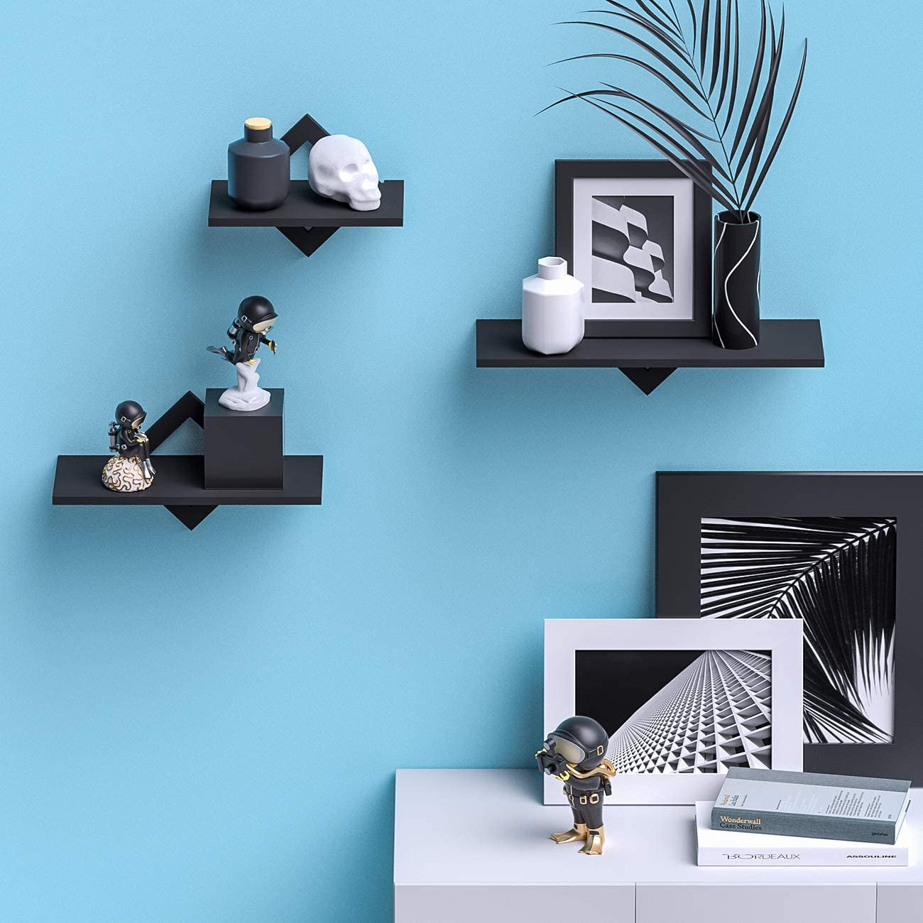   Black Floating Wall Shelves – Set of 3 | Wall Mounted Storage & Display Shelves for Bedroom, Living Room, Hallway & Office | Modern Minimalist Design
