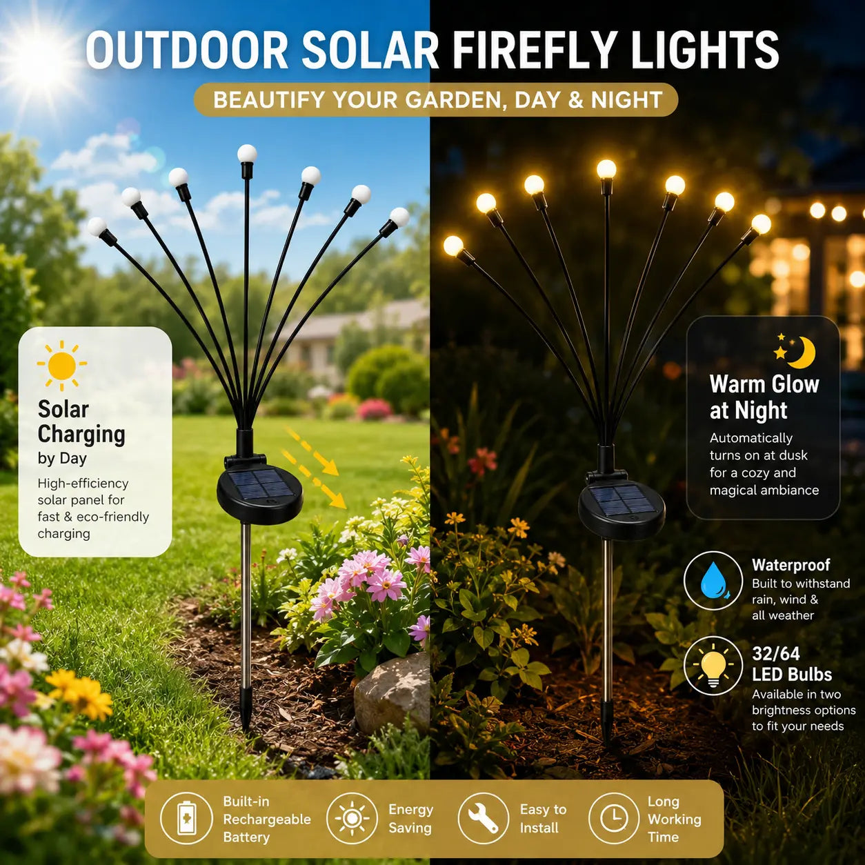 Solar Firefly Stake Lights – Auto Dusk-to-Dawn, Waterproof, 4/8 Pack | Garden & Pathway Decor