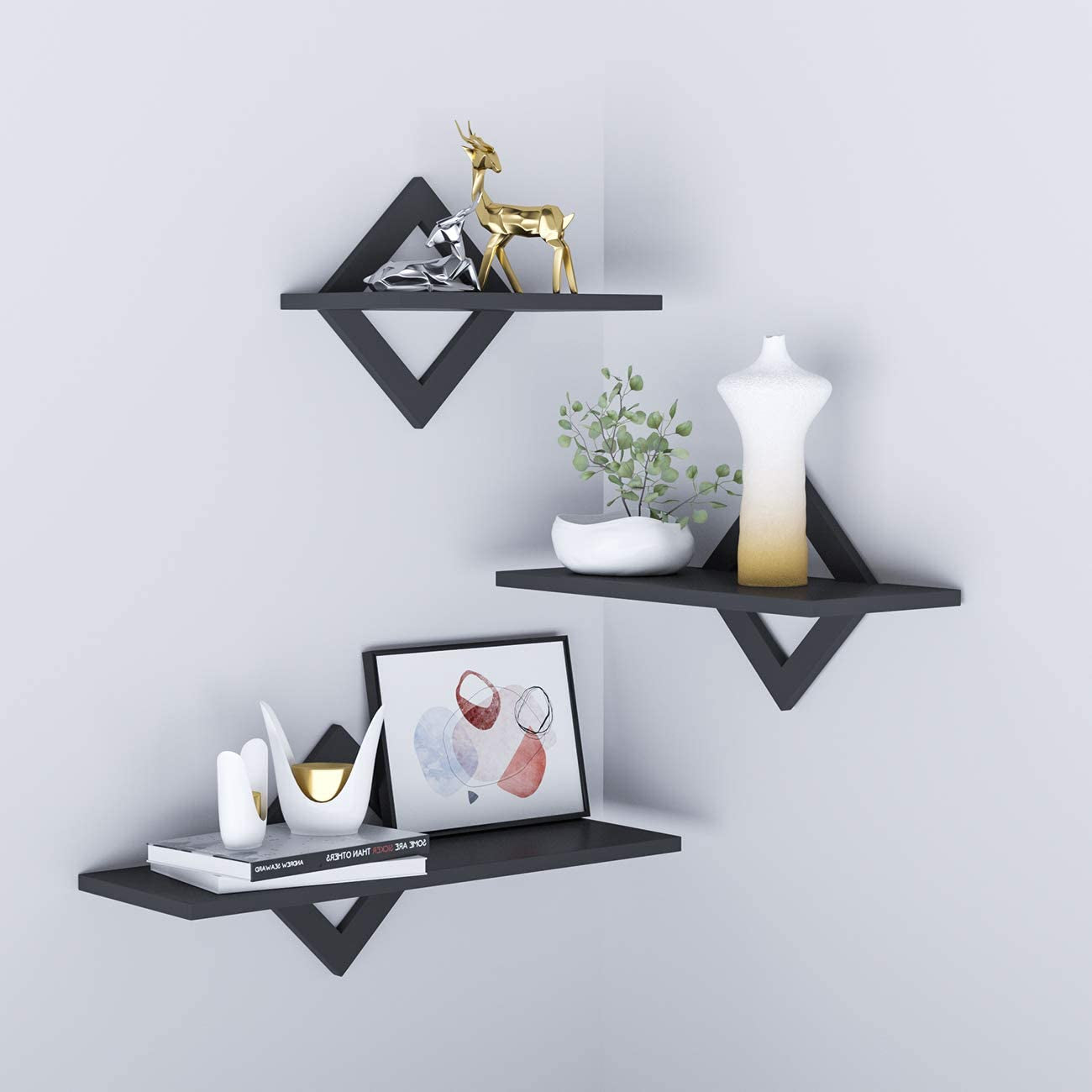   Black Floating Wall Shelves – Set of 3 | Wall Mounted Storage & Display Shelves for Bedroom, Living Room, Hallway & Office | Modern Minimalist Design