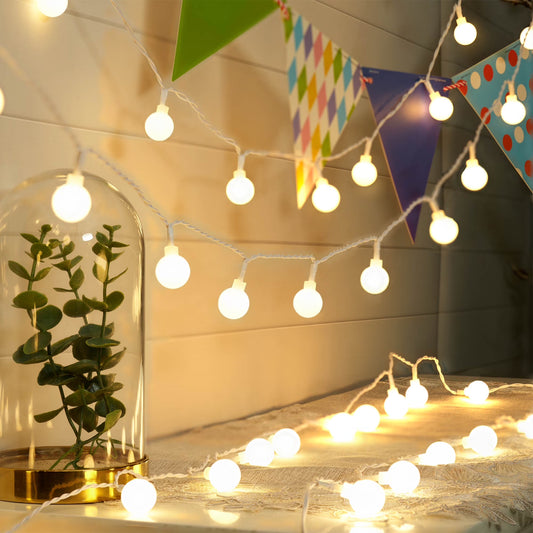 Indoor LED Globe String Lights – 50 Frosted White G20 Bulbs | AC Powered 4.5V | Warm Decorative Lighting for Home, Bedroom & Parties